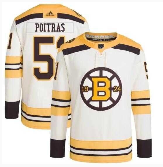 Men%27s Boston Bruins #51 Matthew Poitras Cream 100th Anniversary Stitched Jersey Dzhi